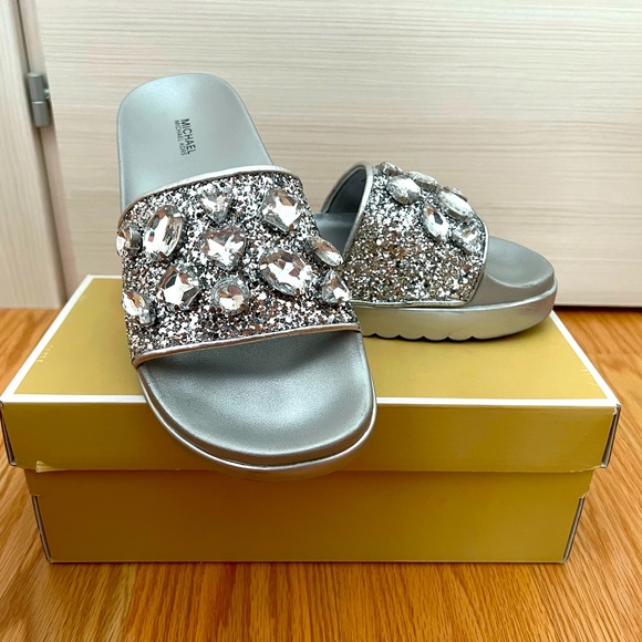 Michael Kors Shoes - Micheal Kors Platform Silver Tyra Slides